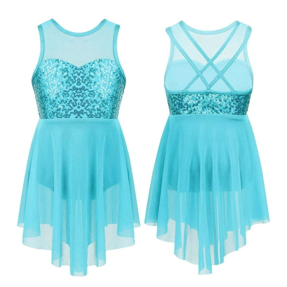 LiiYii Kids Girls Sequined Lyrical Ballet Dance Dress Sleeveless Cutout Back Irregular Tulle Skirt Light Blue 16