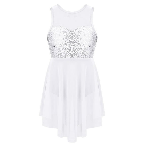 LiiYii Kids Girls Sequined Lyrical Ballet Dance Dress Sleeveless Cutout Back Irregular Tulle Skirt White 10