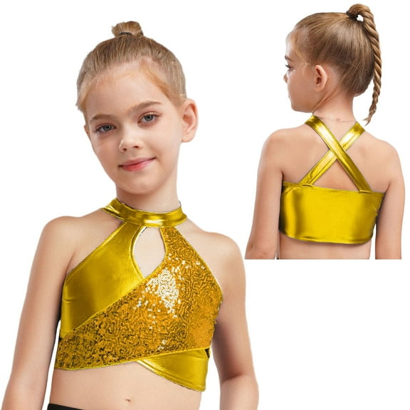 LiiYii Kids Girls Sequins Sleeveless Halter Backless Crop Tops Modern Jazz Hip Hop Dance Tanks Shirt Ballroom Gold 16