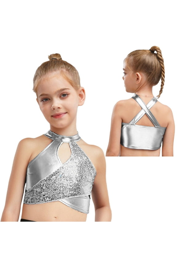 Kids Girls Sequins Sleeveless Halter Backless Crop Tops Modern Jazz Hip Hop Dance Tanks Shirt Ballroom Silver 10