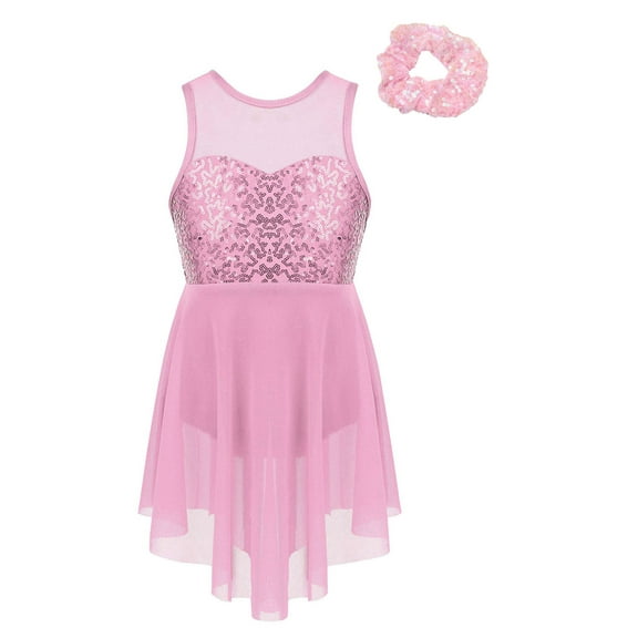 LiiYii Kids Girls Sequins Sleeveless High-Low Ballet Dance Dress Ballerina Gymnastics Leotard Dress Pink 6