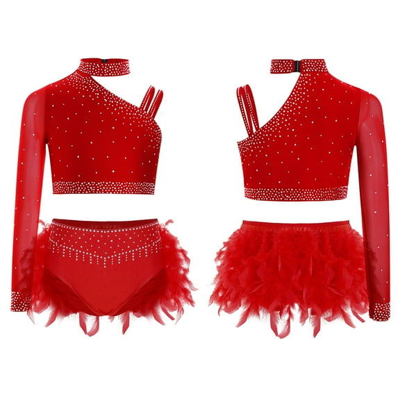LiiYii Kids Girls Shiny Dance Crop Top and Feather Brief Skirt Sparkly 2PCS Jazz Ballet Gym Dancewear Red 14