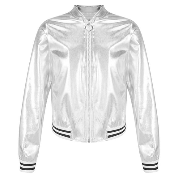 LiiYii Kids Girls Shiny Hip Hop Jazz Dance Jacket Coat Stand Collar Long Sleeve Zipper Outerwear Coat Silver 16