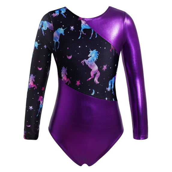 LiiYii Kids Girls Shiny Metallic Ballet Dance Leotard Long Sleeve Gymnastics Bodysuit Athletic Purple 6