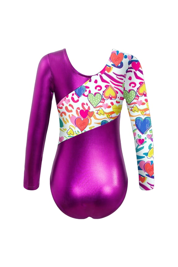 Kids Girls Shiny Metallic Ballet Dance Leotard Long Sleeve Gymnastics Bodysuit Athletic Rose Red 4