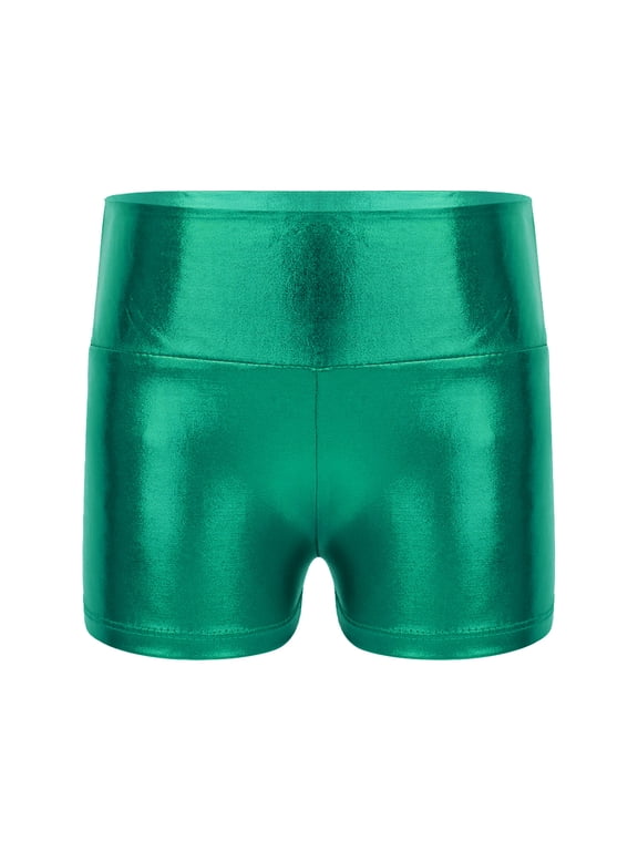Kids Girls Shiny Metallic Shorts Hot Pants Sparkly Dance Bottoms Athletic Gymnastic Tumbling Workout Boyshorts Green 14