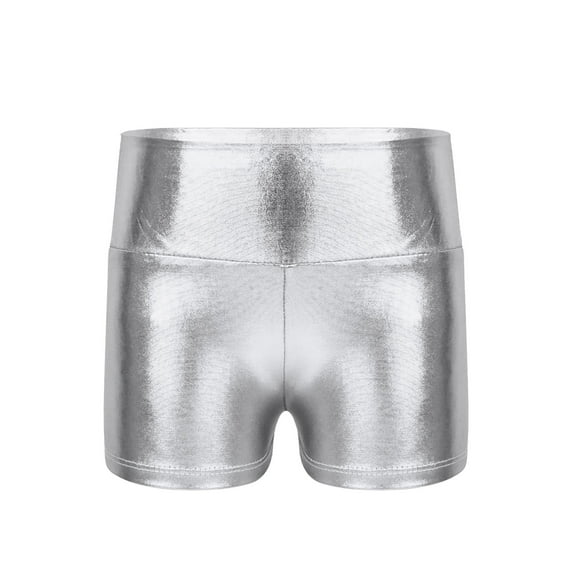 LiiYii Kids Girls Shiny Metallic Shorts Hot Pants Sparkly Dance Bottoms Athletic Gymnastic Tumbling Workout Boyshorts Silver 16