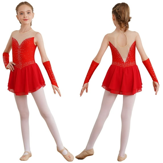 LiiYii Kids Girls Shiny Rhinestone Figure Skating Dress with Gloves Dance Costume Sleeveless Leotards Dress Red 12