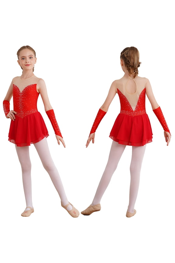 Kids Girls Shiny Rhinestone Figure Skating Dress with Gloves Dance Costume Sleeveless Leotards Dress Red 6