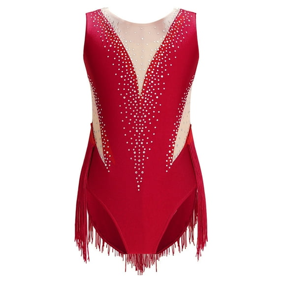 LiiYii Kids Girls Shiny Rhinestone Tassel Gymnastics Leotard Sleeveless Mesh Spliced Bodysuit Skating Burgundy 6