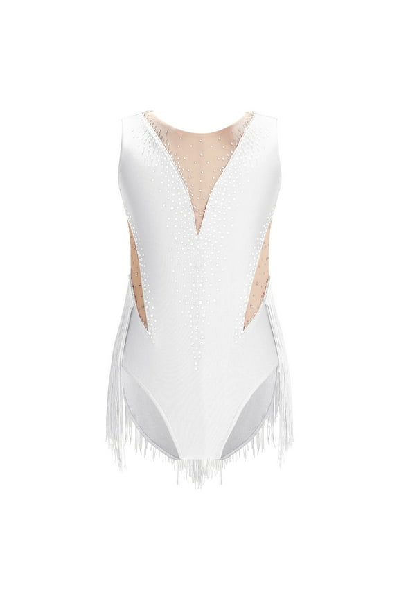 Kids Girls Shiny Rhinestone Tassel Gymnastics Leotard Sleeveless Mesh Spliced Bodysuit Skating White 16