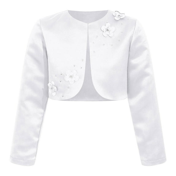 LiiYii Kids Girls Shrug Satin Long Sleeves Rhinestone Applique Cardigan Crop Bolero Dress Cover Up White 8