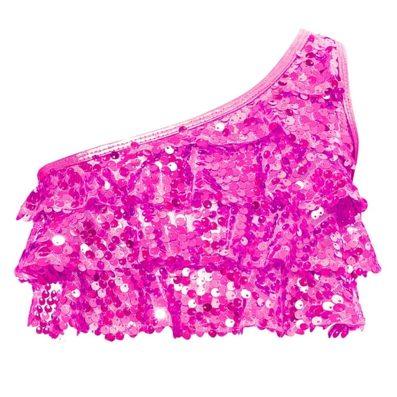 LiiYii Kids Girls Single Shoulder Sequins Vest Jazz Hip Hop Modern Latin Ballet Belly Dance Crop Top Hot Pink 10
