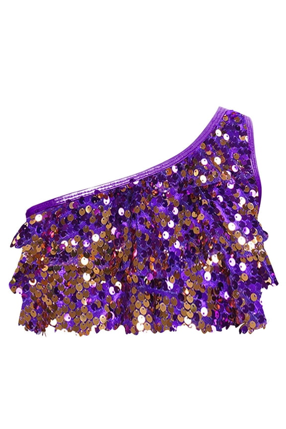 Kids Girls Single Shoulder Sequins Vest Jazz Hip Hop Modern Latin Ballet Belly Dance Crop Top Purple 12