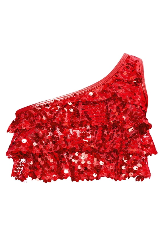 Kids Girls Single Shoulder Sequins Vest Jazz Hip Hop Modern Latin Ballet Belly Dance Crop Top Red 14