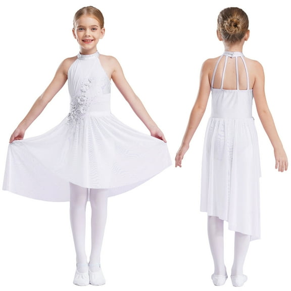 LiiYii Kids Girls Sleeveless Ballet Leotard Dress Irregular Tutu Skirt Latin Jazz Ballroom Dancing Costume Ivory 6
