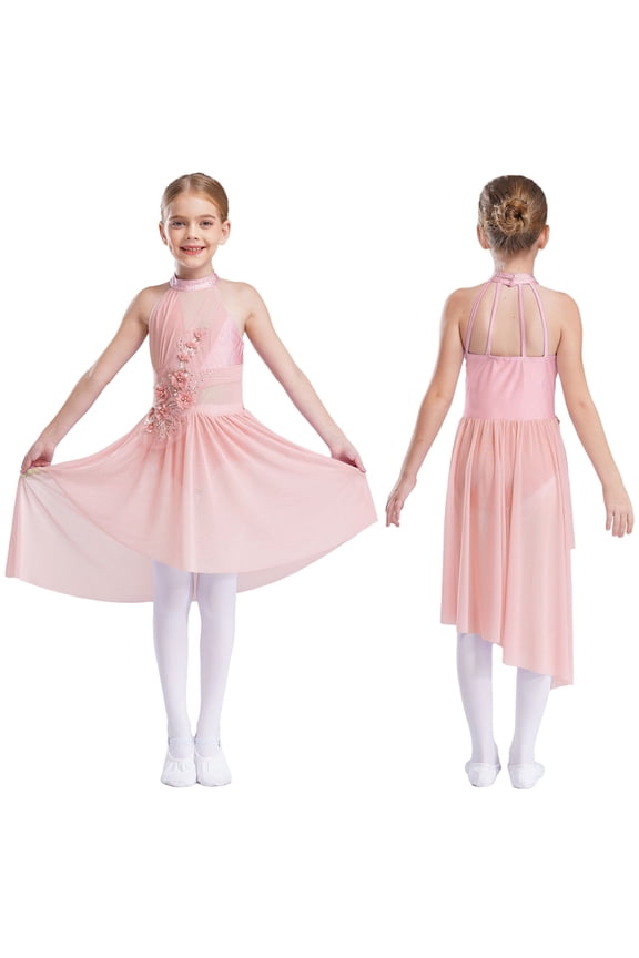 Kids Girls Sleeveless Ballet Leotard Dress Irregular Tutu Skirt Latin Jazz Ballroom Dancing Costume Pink 12