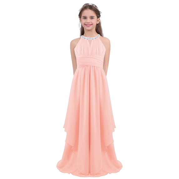 LiiYii Kids Girls Sleeveless Chiffon Wedding Party Flower Girl Dress Floor Length Bridesmaid Ball Light Pink 14