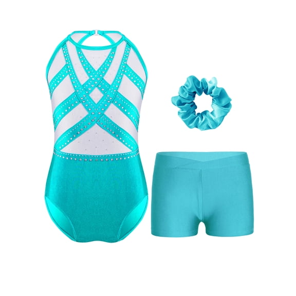 LiiYii Kids Girls Sleeveless Gymnastic Unitard and Athletic Short Hair Tie Set Ballet Tumbling Blue Green 12
