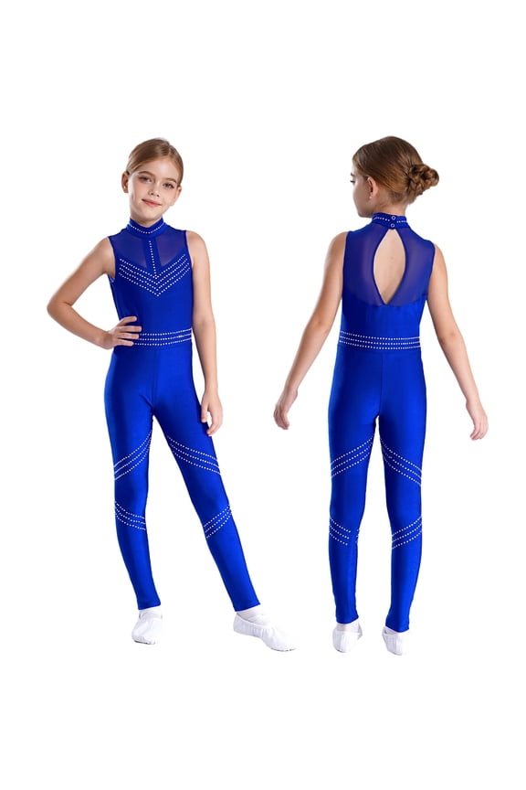 Kids Girls Sleeveless Mesh Splice Unitard Full Body Bodysuit Shiny Figure Skating Jumpsuit Catsuit Blue 16
