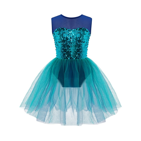 LiiYii Kids Girls Sleeveless Shiny Sequins Lyrical Ballet Dance Dress Mesh Tutu Skirt Performance Lake Green 12