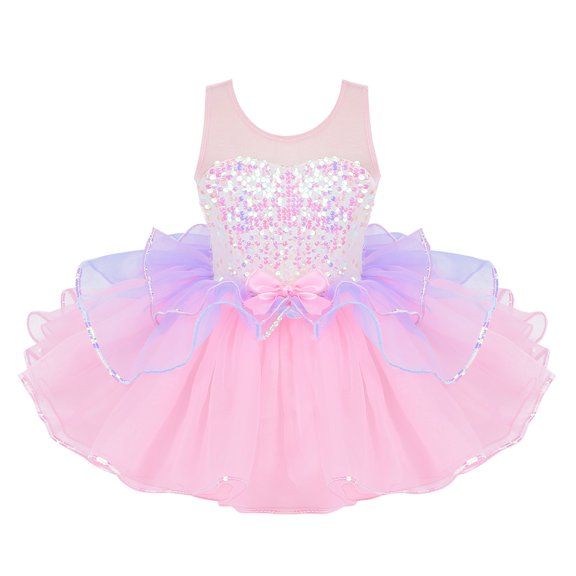 LiiYii Kids Girls Sleeveless Shiny Sequins Mesh Splice Tutu Dress Ballet Dance Skirt Leotards Pink 8