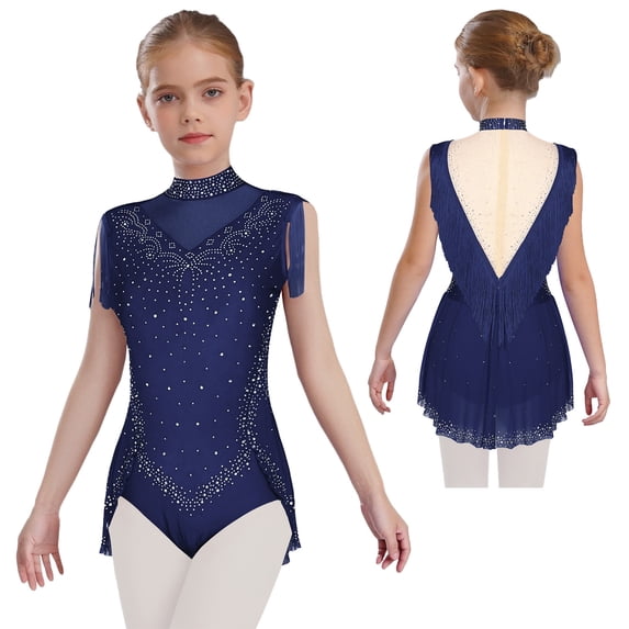 LiiYii Kids Girls Sparkle Rhinestone Mock Neck Sleeveless Tassel Fringe Skirted Bodysuit Latin Jazz Dance Leotard Navy Blue 16