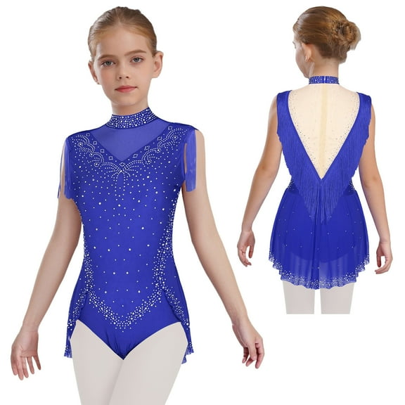 LiiYii Kids Girls Sparkle Rhinestone Mock Neck Sleeveless Tassel Fringe Skirted Bodysuit Latin Jazz Dance Leotard Royal Blue 6