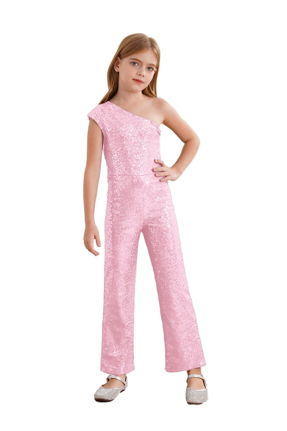 Kids Girls Sparkly Full Sequin Long Pants Jumpsuit Sleeveless One Shoulder Romper Dance Party Pink 12