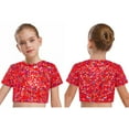 thumbnail image 1 of LiiYii Kids Girls Sparkly Leopard Print Jazz Hip Hop Disco Dance Crop Tops Dancewear Short Sleeve T-Shirt Red 7-8, 1 of 7