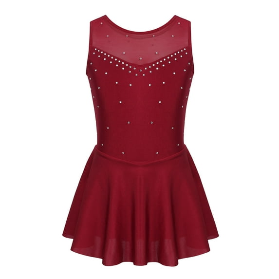 LiiYii Kids Girls Sparkly Rhinestone Mesh Back Gymnastic Leoatrd Tutu Dress Figure Skating Ballet Dance Dress Burgundy 14