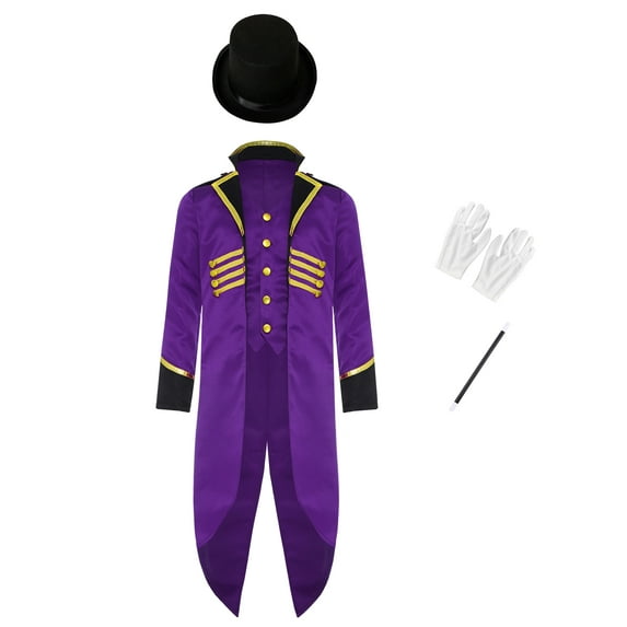 LiiYii Kids Vintage Victorian Medieval Steampunk Tailcoat with Hat Gloves Magic Wand Magician Outfits 4 Piece Set Purple 10