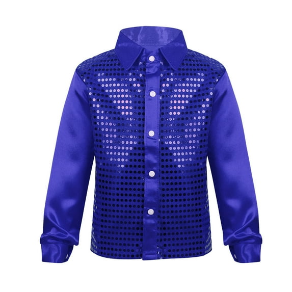 LiiYii Little Big Boys' Long Sleeve Sparkly Sequins Button-Down Shirt Hip Hop Jazz Dance Performance Blue 160