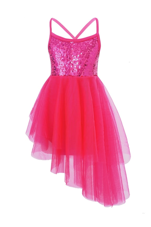 Little Big Girls Ballerina Costume Sequins Camisole Chiffon Ballet Tutu Dress Skirted Leotard Rose XXL