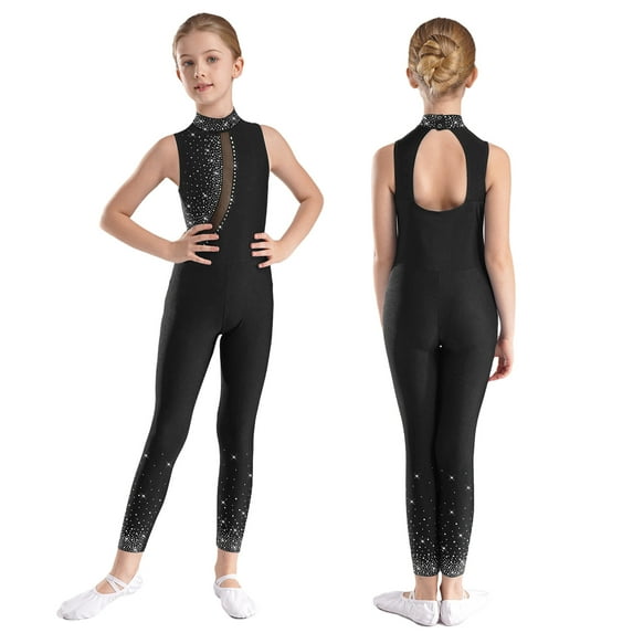 LiiYii Little Girls Sleeveless Full Body Jumpsuit One Piece Tank Unitard Gymnastics Leotard Shiny Romper Black 12