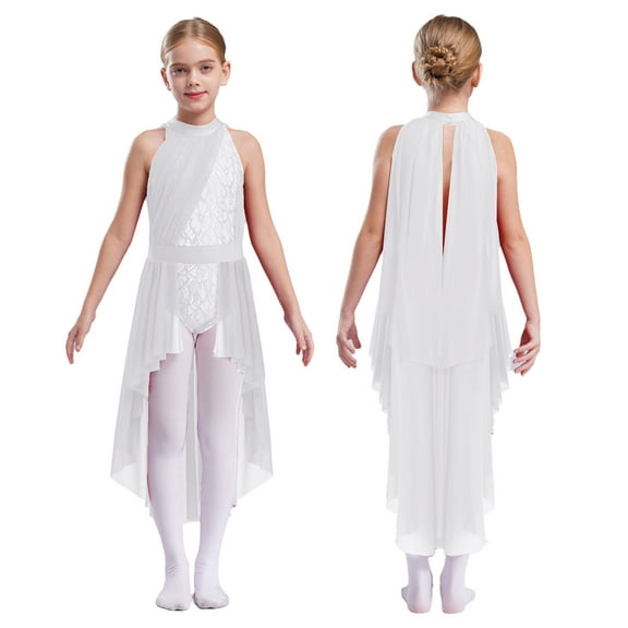 LiiYii Lyrical Dance Dress for Girls Ballet Contemporary Dancing Outfits Sleeveless Lace Floral Leotard with Skirt White 10