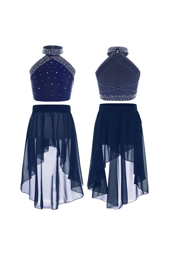 Lyrical Dance Dress for Girls Latin Jazz Dance Costume Gymnastics Outfits Crop Tops with Skirt Set Navy Blue 8