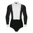 thumbnail image 1 of LiiYii Men Latin Dance Leotard Long Sleeves Shiny Rhinestones Color Block Bodysuit with Bowtie Black XXL, 1 of 6