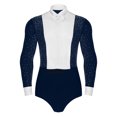 thumbnail image 1 of LiiYii Men Latin Dance Leotard Long Sleeves Shiny Rhinestones Color Block Bodysuit with Bowtie Navy Blue XL, 1 of 5