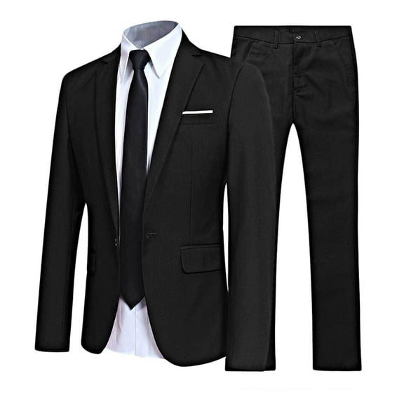 LiiYii Men's Dress Suit 2 Pieces Formal Business Solid Tuxedos Blazer with Pants Wedding Party Office Work Black S