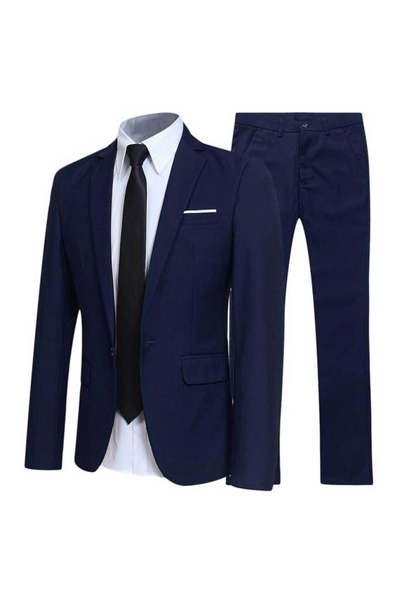 Men's Dress Suit 2 Pieces Formal Business Solid Tuxedos Blazer with Pants Wedding Party Office Work Navy Blue 6XL