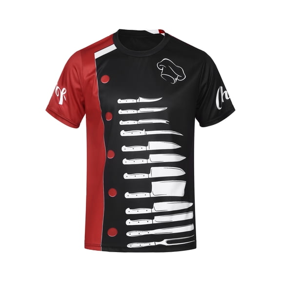 LiiYii Men's Fashion Short Sleeve Chef T-shirt Printed Graphic Crew Neck Restaurant Kitchen Chef Red&Black XL
