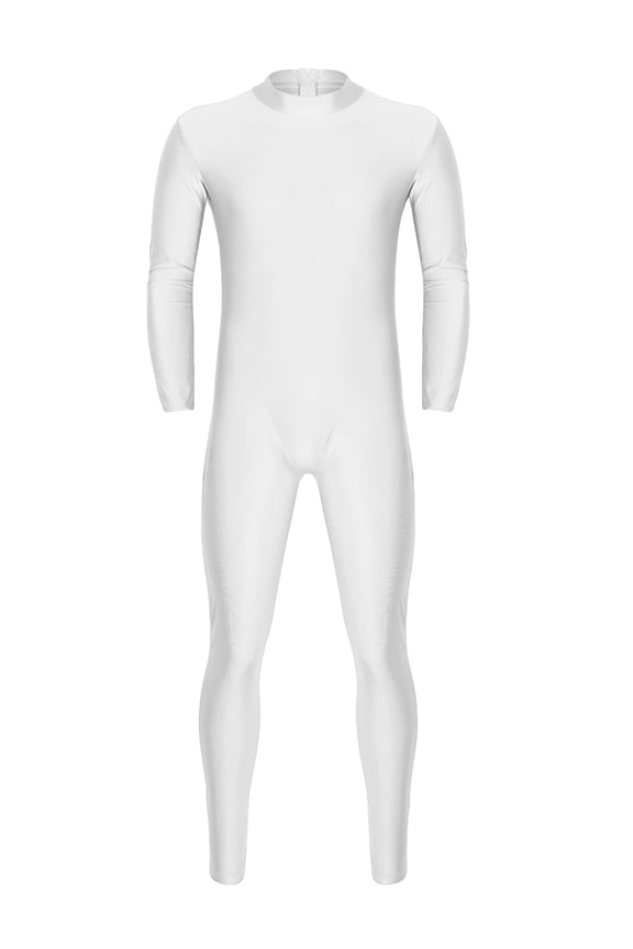 Mens Mock Neck Long Sleeve Bodysuit Full Body Jumpsuit One-Piece Romper Workout Cycling Leotard Catsuit White 2X-Large