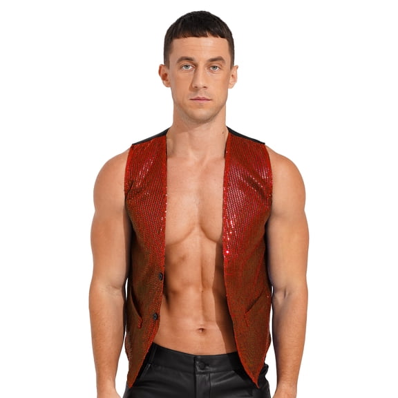 LiiYii Mens Sequin Vest Shiny Suit Vest Business Wedding Christmas Party Sleeveless Shiny Waistcoat Red 4XL