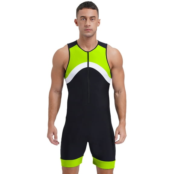 LiiYii Mens Swimming Jumpsuit Sleeveless Zip Up Bodysuit Bathing Surfing Swimsuit Cycling Unitard One Fluorescent Green XXL