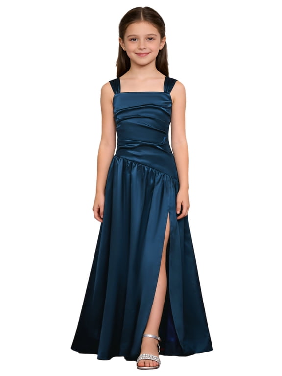 Satin Junior Bridesmaid Dresses for Teen Girls Wide Shoulder Strap Slit Girl Formal Flower Dress Navy Blue 8