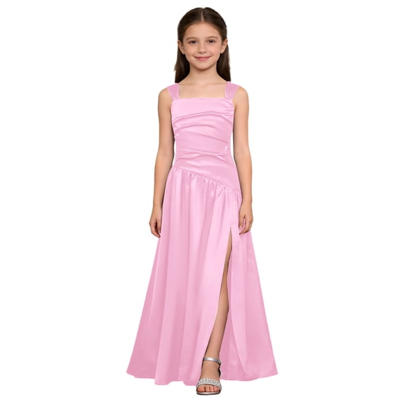 LiiYii Satin Junior Bridesmaid Dresses for Teen Girls Wide Shoulder Strap Slit Girl Formal Flower Dress Pink 12