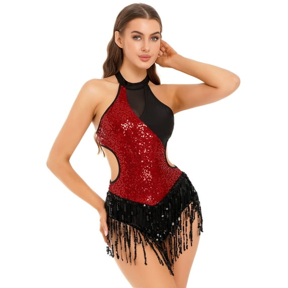 LiiYii Shiny Fringed Latin Jazz Dance Dress for Women Adult Cha-Cha Lyrical Dance Leotard Patchwork Burgundy XL