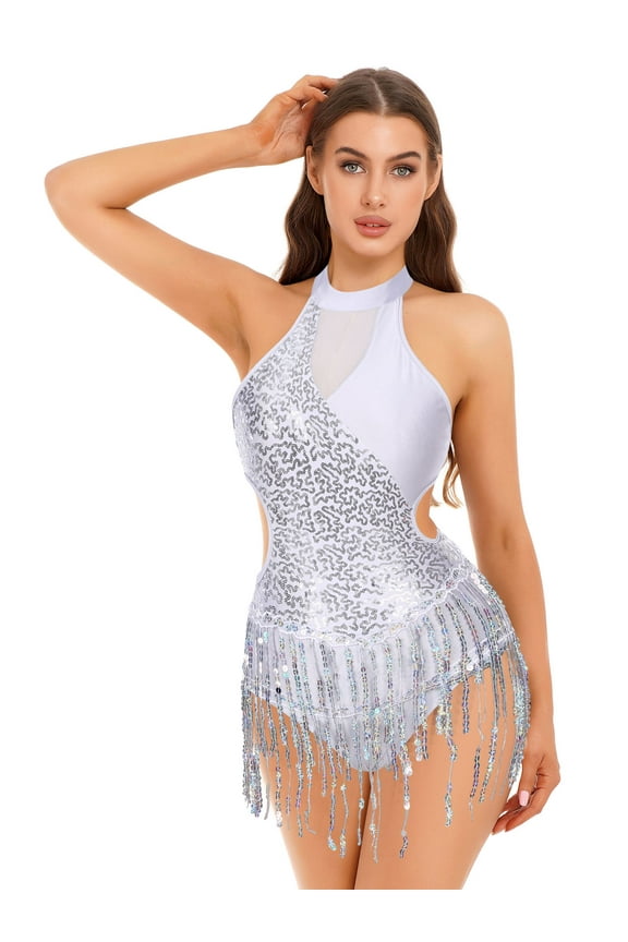 Shiny Fringed Latin Jazz Dance Dress for Women Adult Cha-Cha Lyrical Dance Leotard Patchwork Silver S