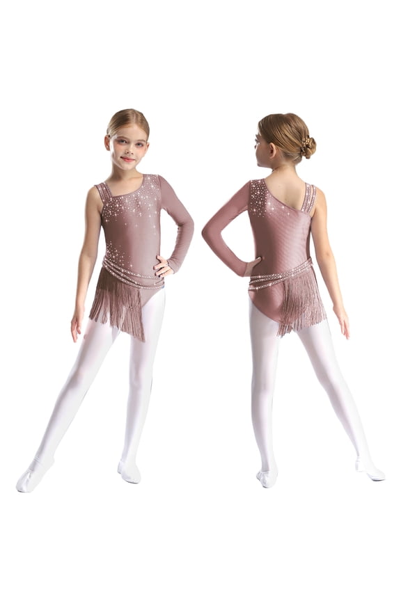 Tassel Latin Dance Dress for Girls Modern Jazz Ballroom Costume Ballet Leotard Dress Ballerina Outfit Dusty Pink 12